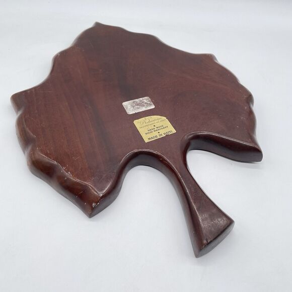 Vintage Solid Mahogany Leaf Tray Hand Carved Serving Dish Haiti Wood Platter 17” - Picture 6 of 10